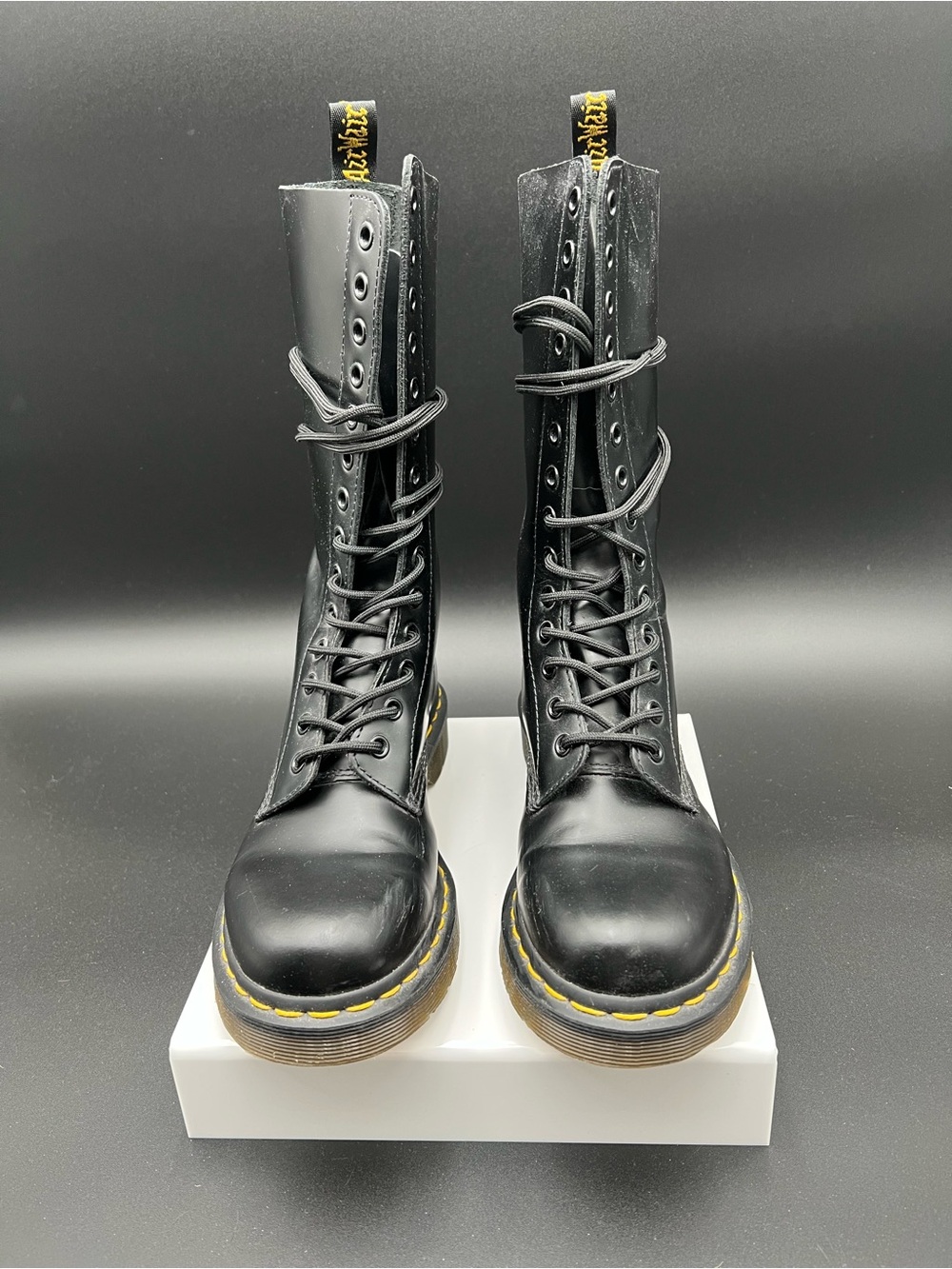 Dr. Martens Black Lace-Up High Combat Boots with Yellow Stitching